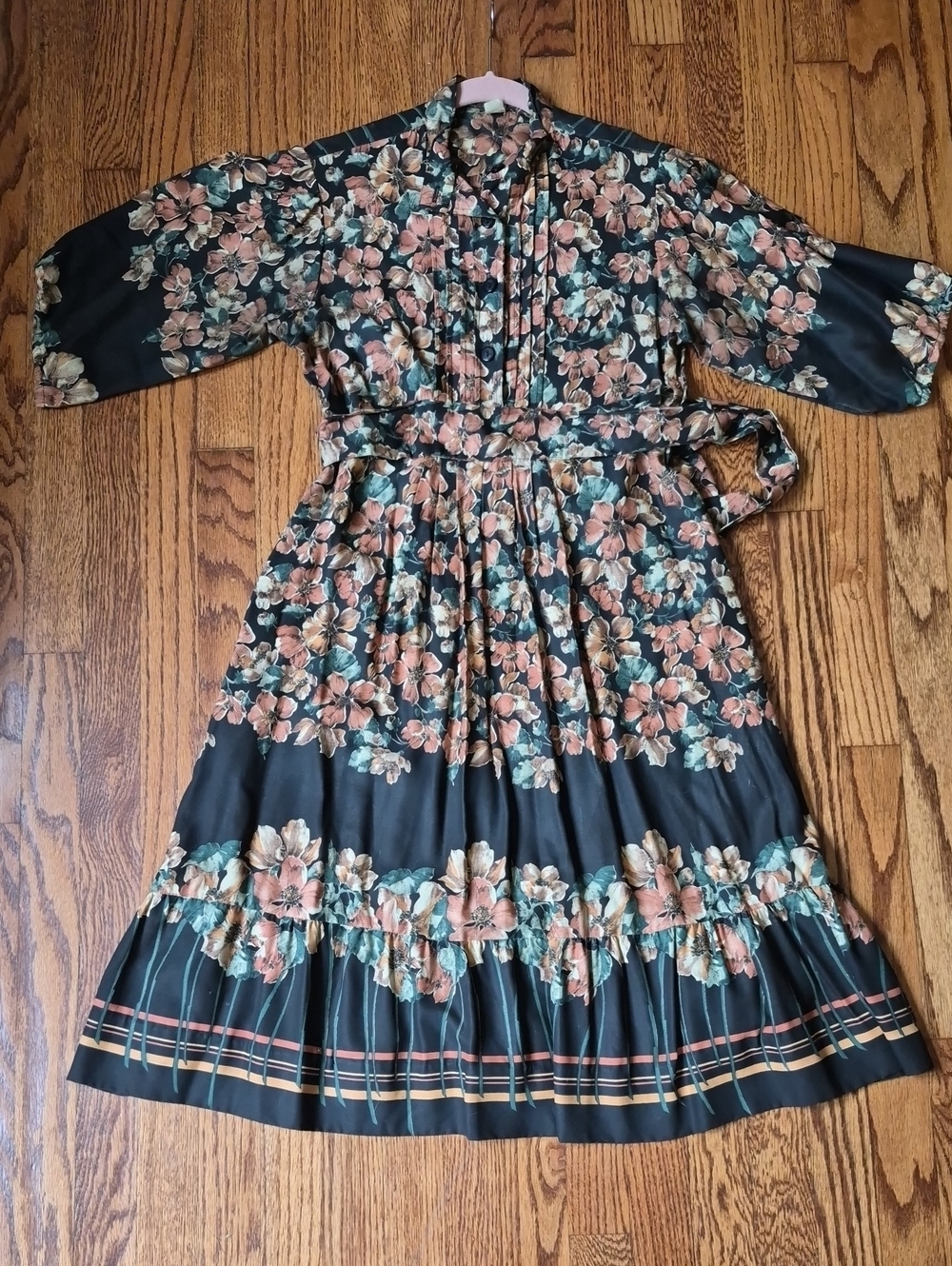 Vintage Black Floral Midi Dress w/ Peach, Rust, & Teal Accents, Fall Wedding, 8